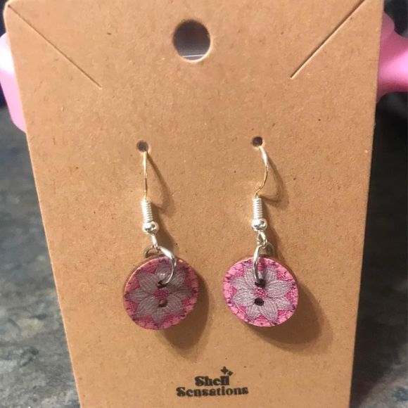 Boho mandala wood painted button earrings handmade pink purple - Picture 2 of 3